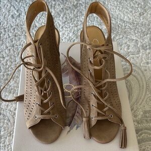 Jessica Simpson Suede Lace-Up Slingback Heels in Taupe
